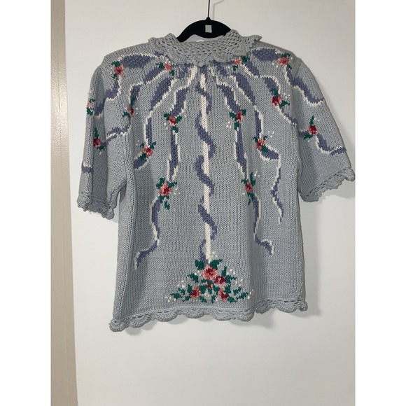 VTG Susan Bristol Cottagecore Floral Crochet Knit Cardigan Short Sleeve Medium - Picture 2 of 13